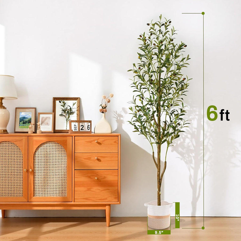 6FT Artificial Olive Tree Indoor Tall Faux with Planter & Basket
