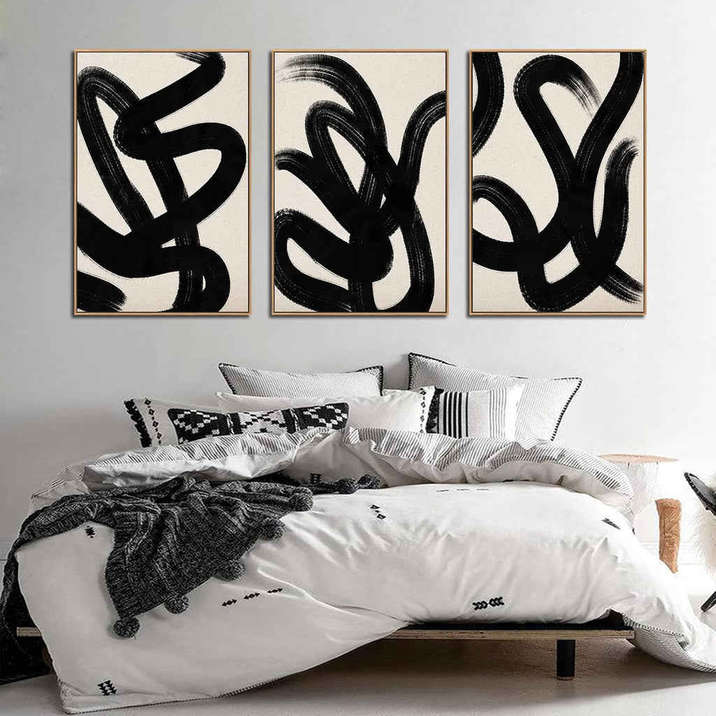 Framed Wall Art Canvas Set Abstract Lines Pictures Modern Mid Century Boho Wall Decor Minimalist Abstract Black