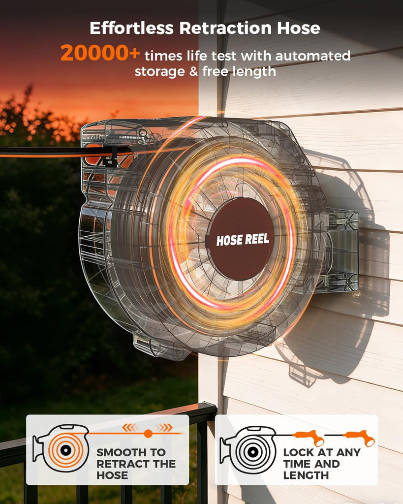 100 FT 1/2 Inch Retractable Garden Hose Reel Wall-Mounted 180° Swivel 9-Patern Nozzle Automatic Slow Return Any