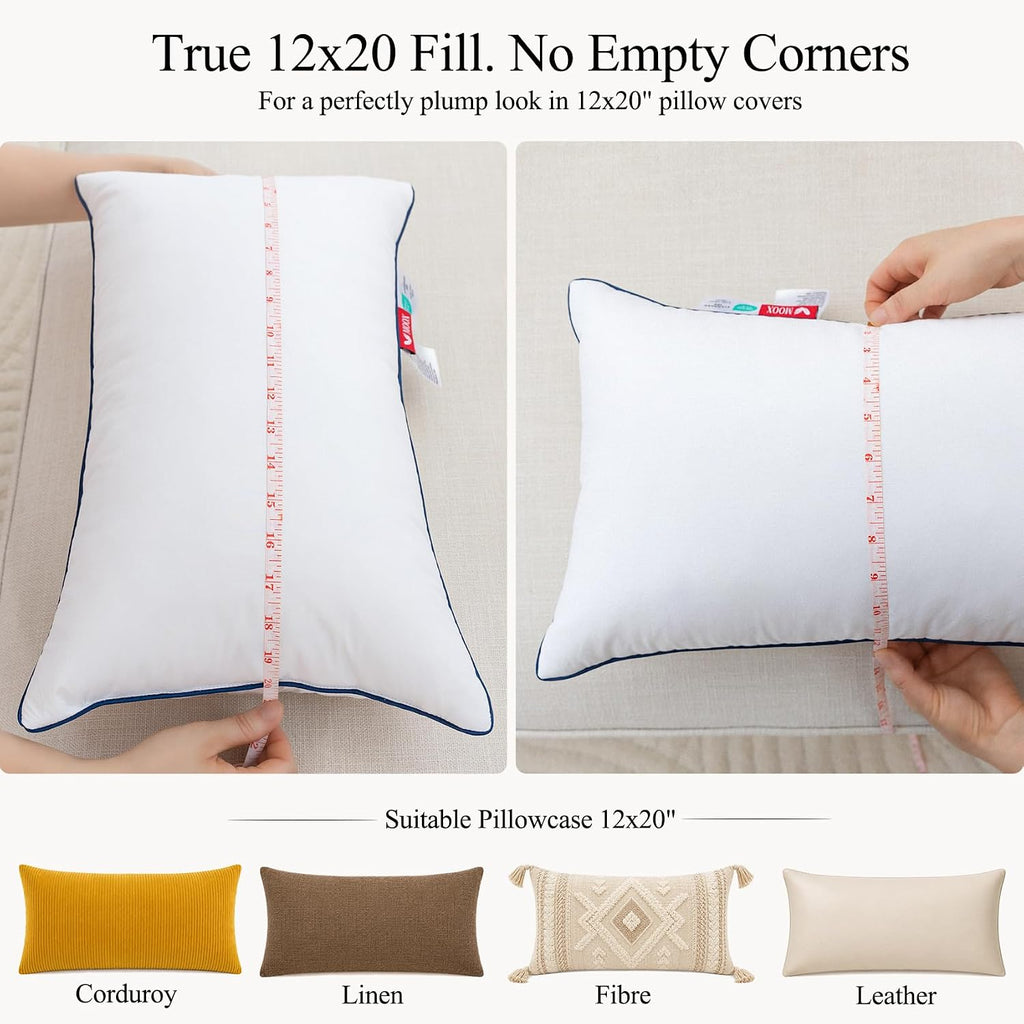 Down 12x20 Pillow Inserts, Goose Down & Feather Fill Decorative Lumbar Pillow Insert, Triple-Layer Downproof - Set of 2