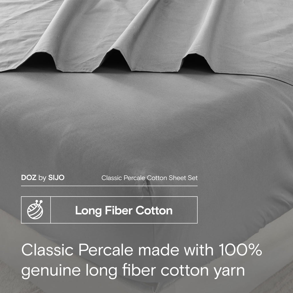 DOZ 100% Long Staple Cotton Sheet Sets, Classic Percale Cotton, Cool Crisp, Breathable, Matte Finish, Hotel Style