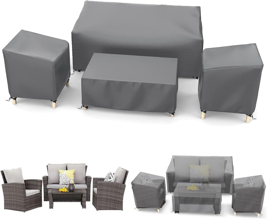 Patio Furniture Covers | Outdoor Furniture Cover Waterproof 4 Piece Set for Chairs, Couch, Coffee Table , Grey