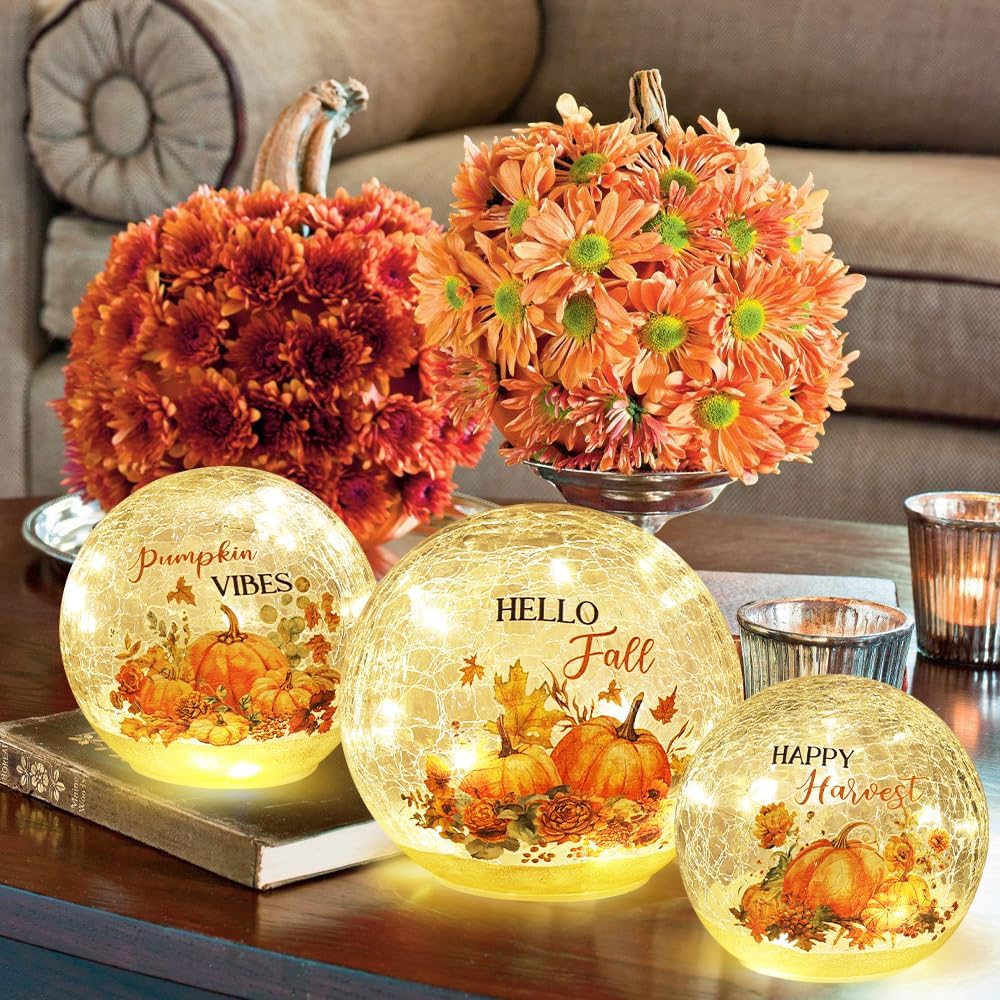 Fall Table Decor Sparkling Crackle Glass Ball with LED Lights Timer Pumpkin Gnomes for Thanksgiving Decor - Set of 3