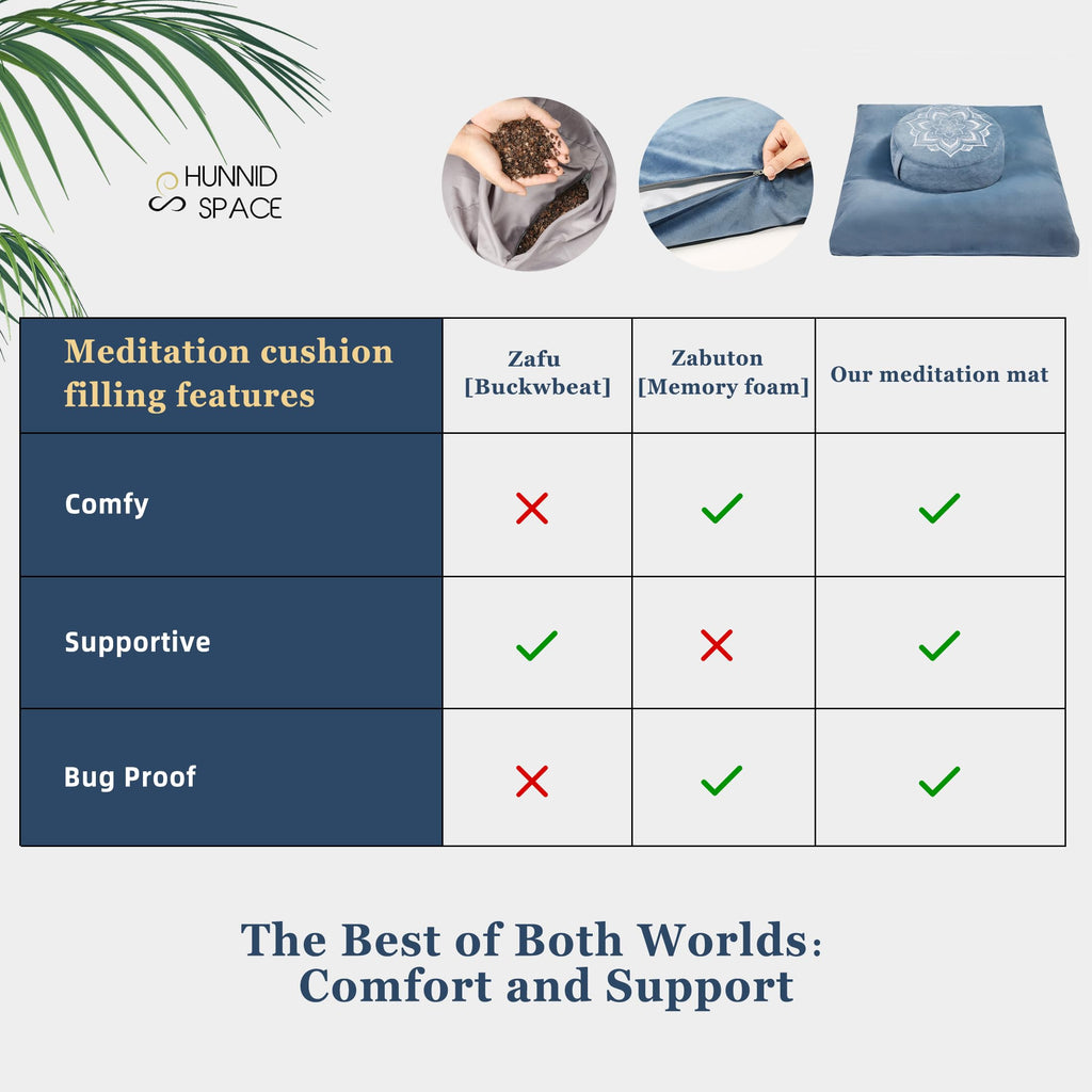 Meditation Cushion Set Zafu & Zabuton - Buckwheat Hull & Memory Foam, Adjustable Floor Pillow for Yoga, Meditation &