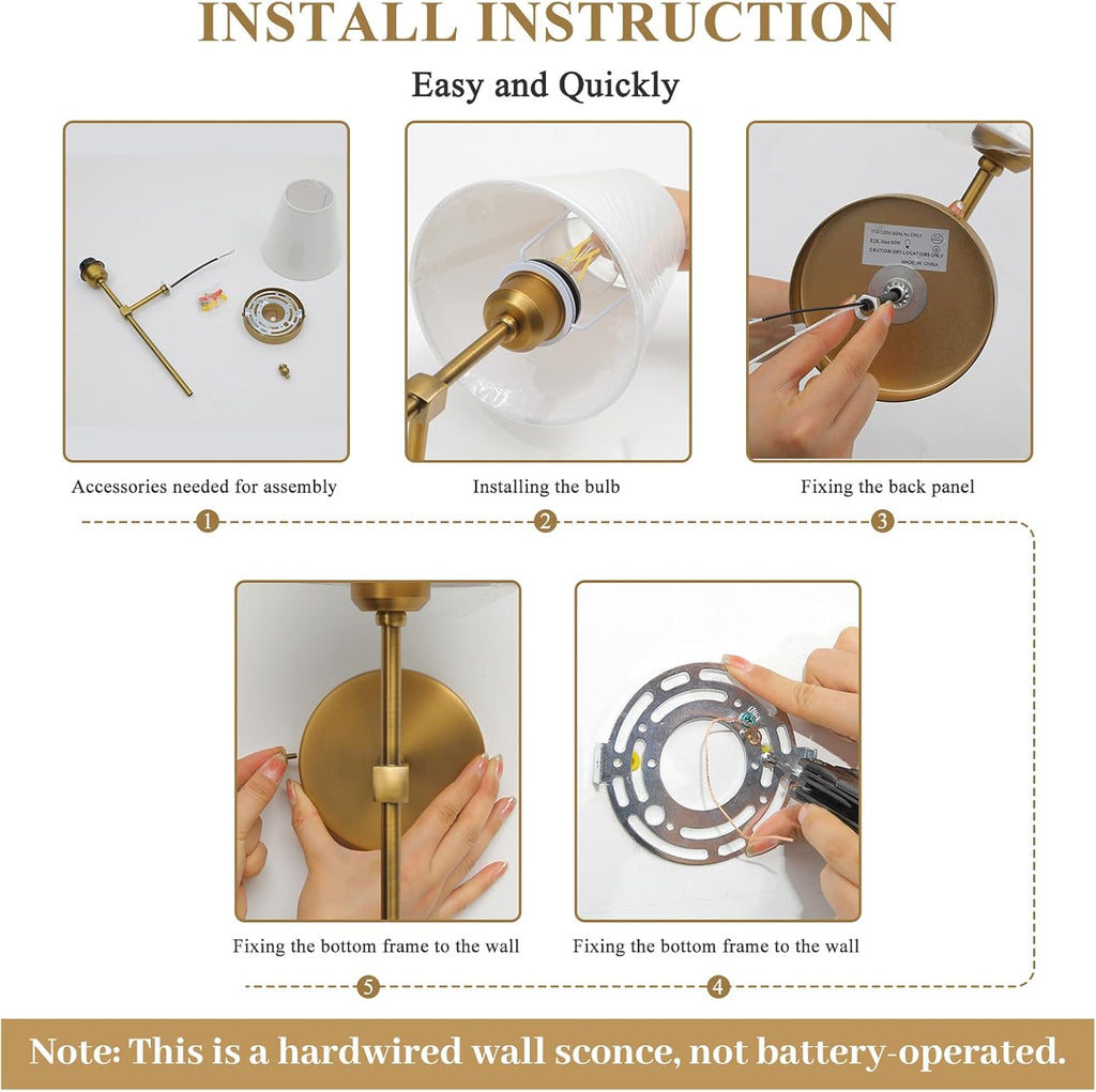 Wall Sconces Sets of 2, Hardwired Classic Brushed Brass Sconces Wall Lighting, Bathroom Vanity Light Fixture with