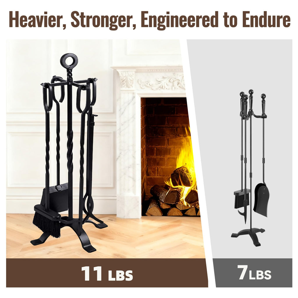 5 Pieces Fireplace Tools Set Indoor Wrought Iron Fire Set Fire Place Pit Large Poker Wood Stove Log Firewood Tongs