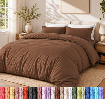 Duvet Cover Queen, 3 Piece Polyester with Zipper Closure, Brown