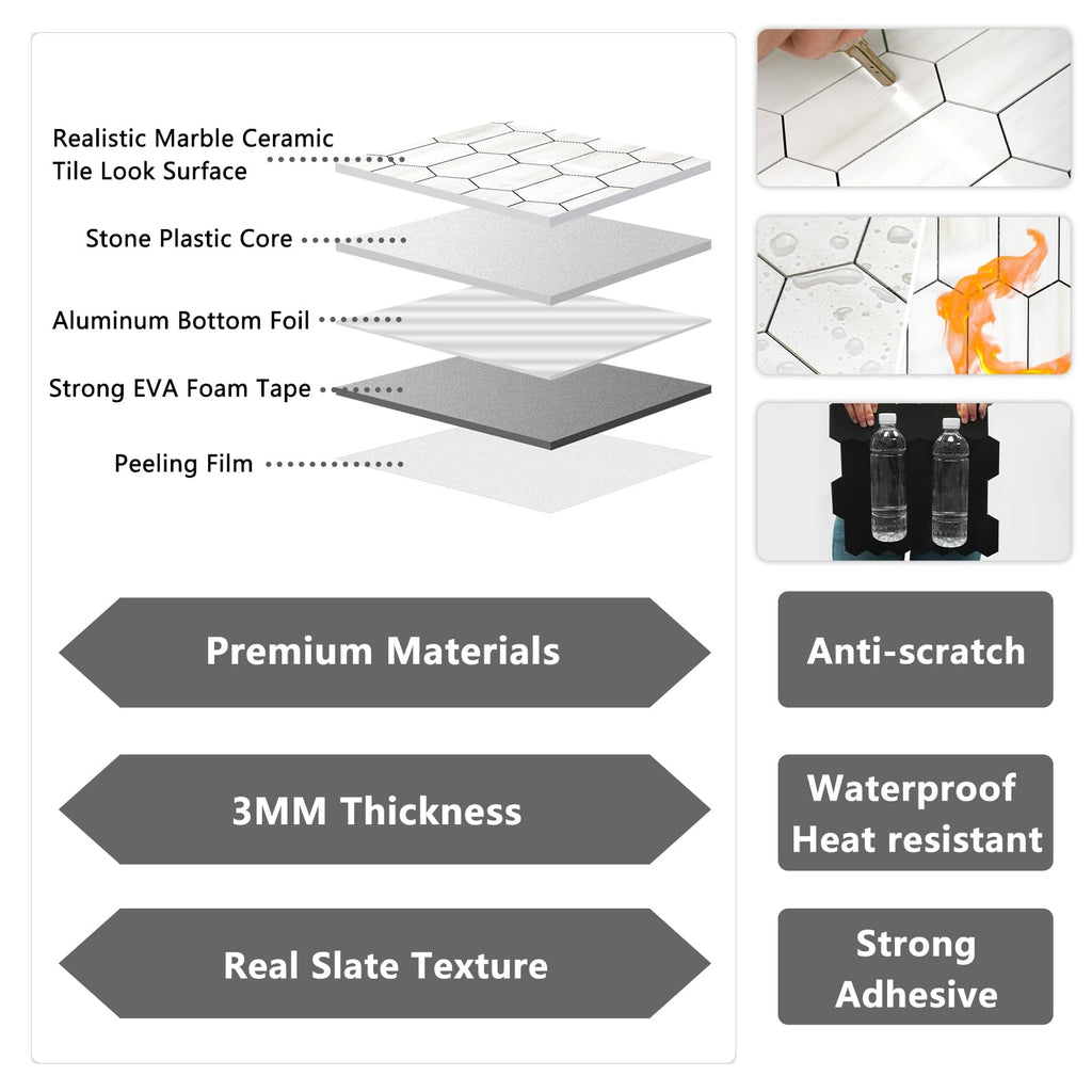 Long Hexagon Peel and Stick Backsplash Tile - 10 Sheets Stick on Backsplash 12.4 x 12 Inch Glossy Dolomite White PVC
