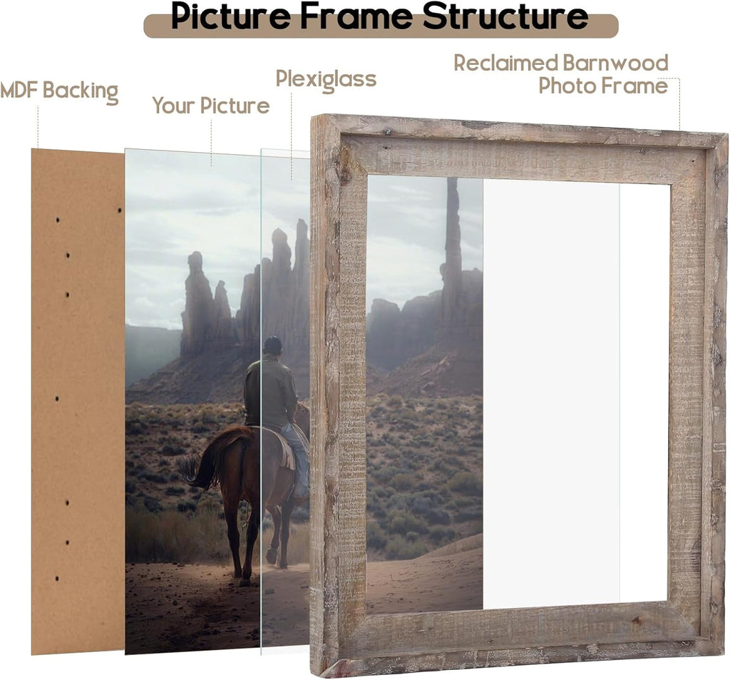 Rustic 24x36 Picture Frame, Reclaimed Barnwood Photo Frame with Plexiglass, Distressed Natural Wood Frame for Wall