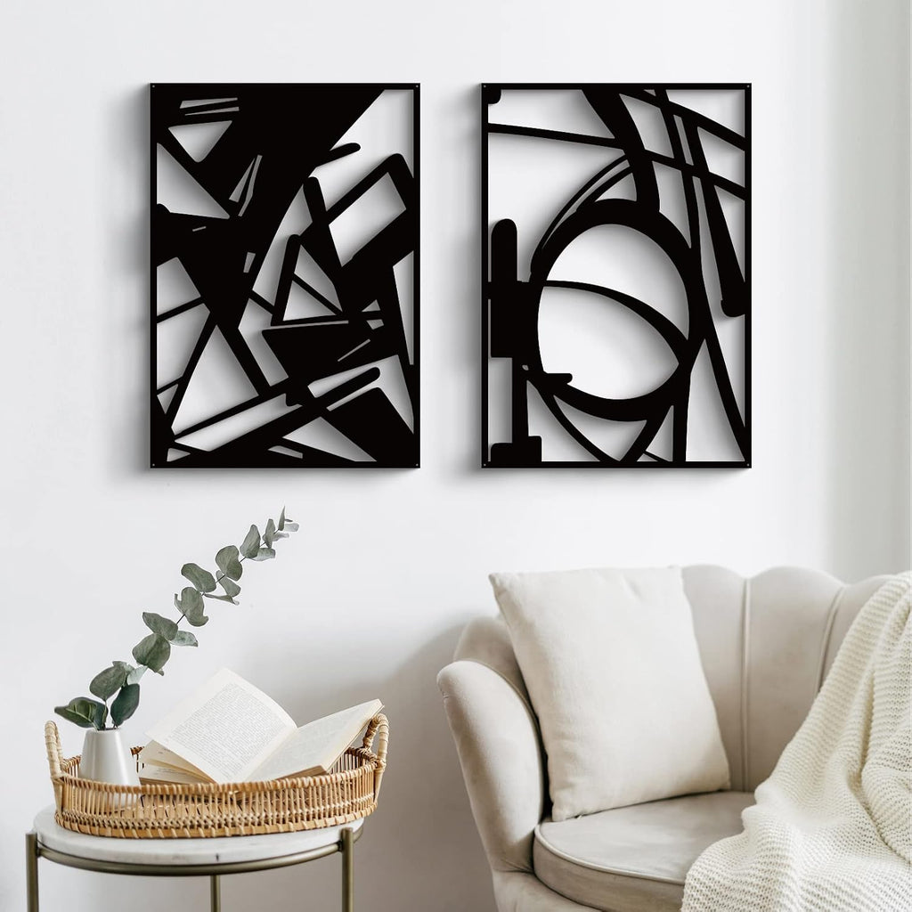 Black Abstract Metal Wall Art, Minimalist Décor Single Line Art Wall Décor, 3D Textured Metal Wall Sculptures - Set of 4