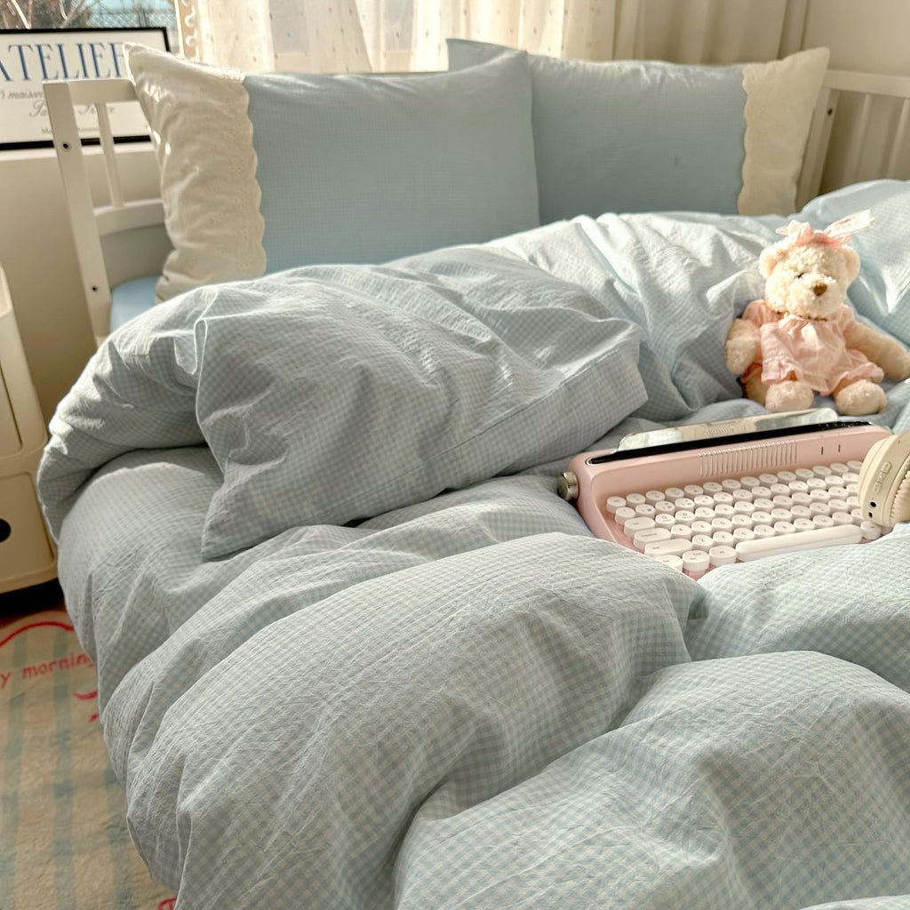 Lace Comforter Set Blue Plaid Gingham Comforter with 2 Romantic Lace Pillowcases Soft Cozy Grid Bedding Set