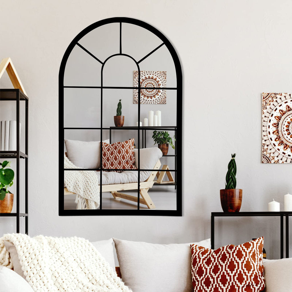 Black Arched Window Mirror, Farmhouse Decorative Wall Mirrors Vanity, Fireplace Mantel, Window Pane Mirror Wall Decor