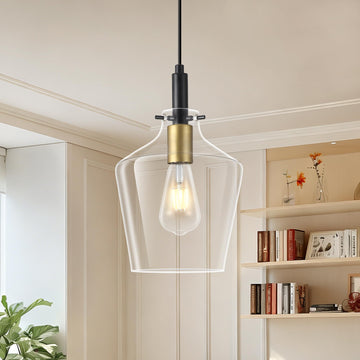 Modern Pendant Light Fixture Island, Farmhouse Black and Gold Brushed Brass Adjustable Hanging Light With Clear