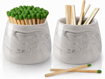 Marble Ceramic Match Holder with Striker Decorative Jar - Set of 2