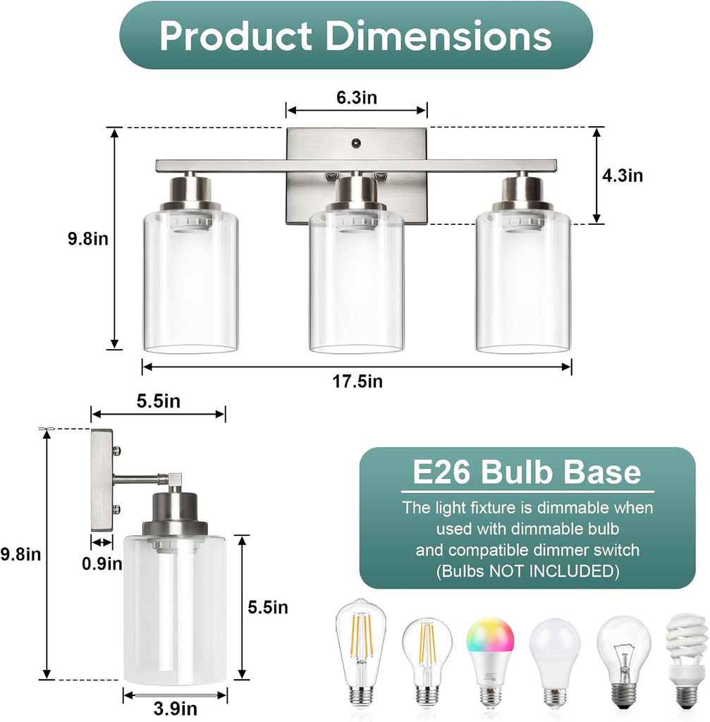 Bathroom Light Fixtures, 3-Light Vanity Light Over Mirror, Brushed Nickel Wall Sconces with Clear Glass Shades, Wall