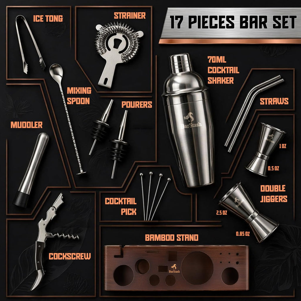 Bartender Kit: 17-Piece Bar Tool Set with Elegant Bamboo Stand, Ideal Home Bartending Kit and Cocktail Shaker Set - Set of 17