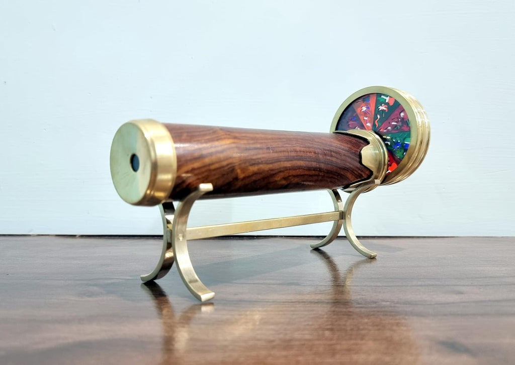 Premium Wood and Brass Kaleidoscope with Brass Stand - Dual-Wheel Handcrafted Optical Instrument | Decorative