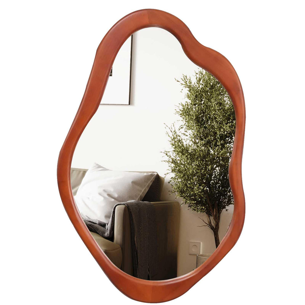 42"x 28" Irregular Wall Mirror, Walnut Wood Framed Wall Mirror, Asymmetrical Wall Wavy Mirror Bedroom Entryway