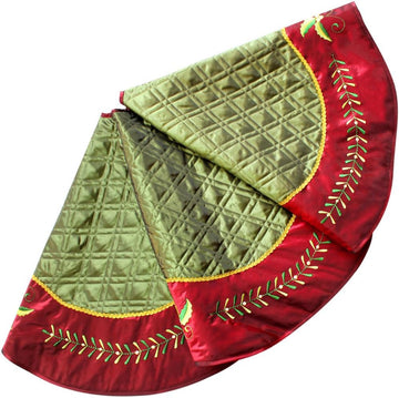 X.Sem Holly Leaf Embroidered Velvet Christmas Tree Skirt with Pleat Velvet Border 50'' (Green&red, 50 inch)