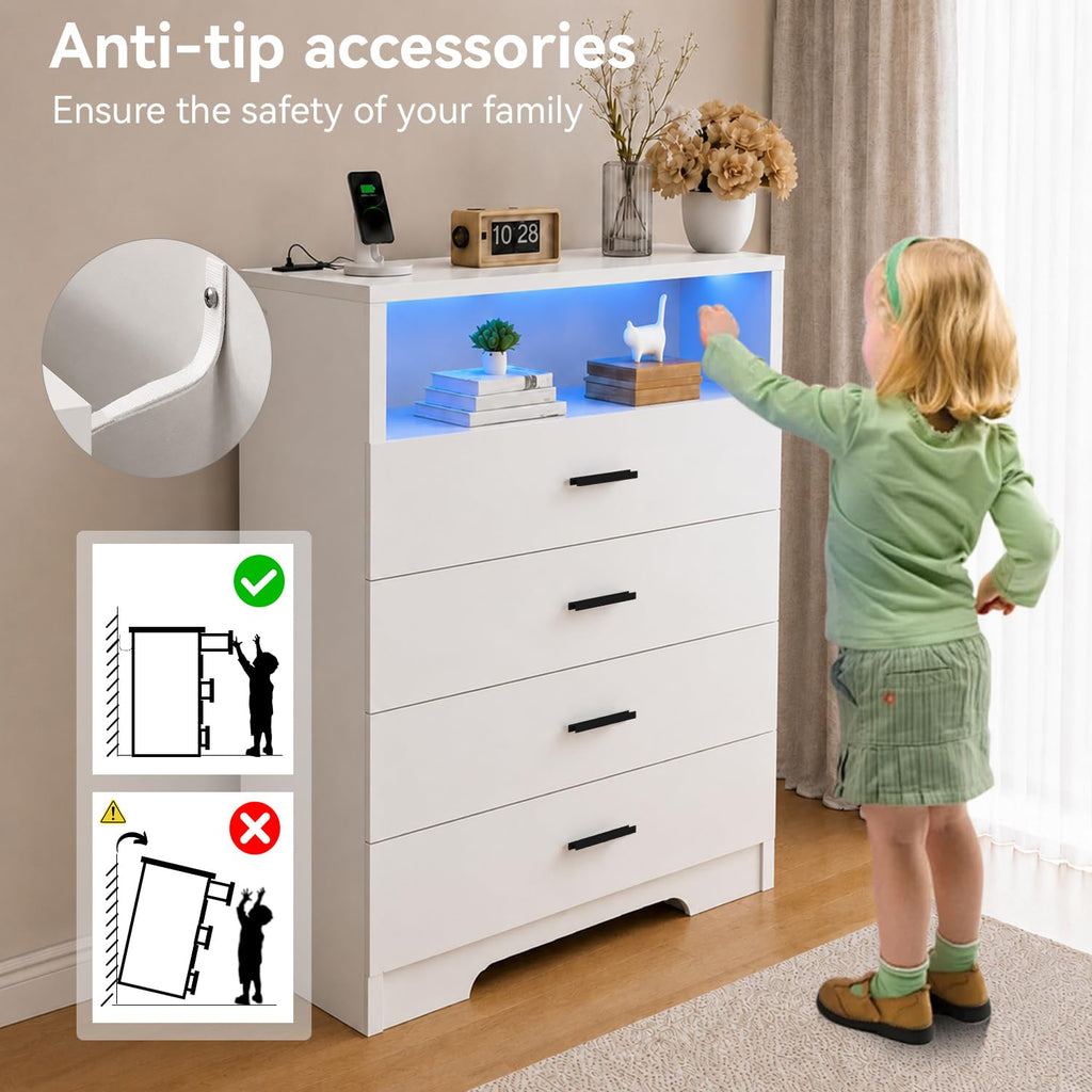 4 Drawer with Power Outlets and LED Wooden Chest of Drawers with Large Organizer White with Metal Sliding Rails