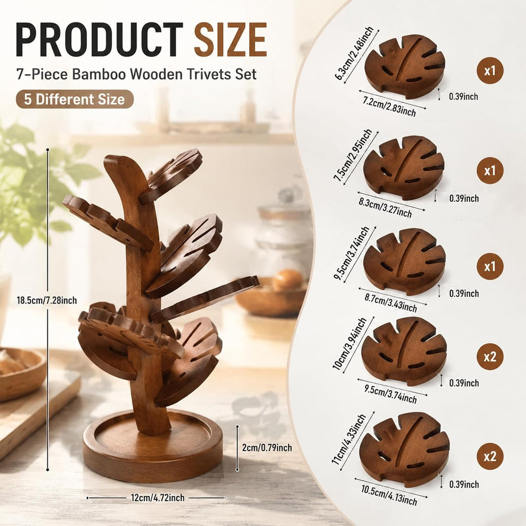 Tree Shape Wooden Trivet Set with Stand, Heat Resistant Coasters - Set of 7
