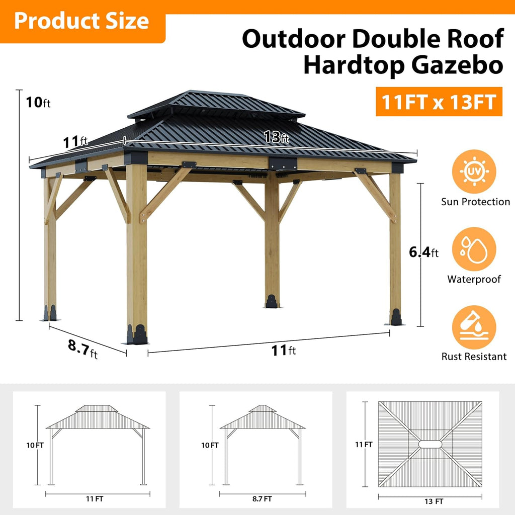 11x13FT Wood Gazebo, Outdoor Wooden Gazebo with Glavanized Steel Double Roof, Hardtop Gazebos