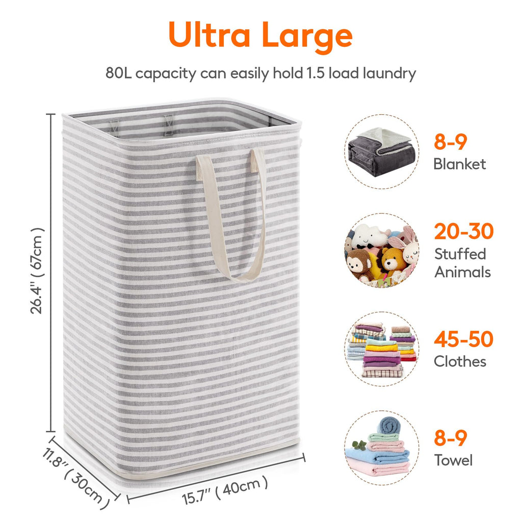 80L Large Laundry Baskets, Laundry Hampers Bags, 1 Pack, Grey