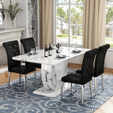 Modern Faux Marble Dining Table Set for 4, 63" White Rectangular Kitchen Table with Elegant U-Shaped Pedestal Base &