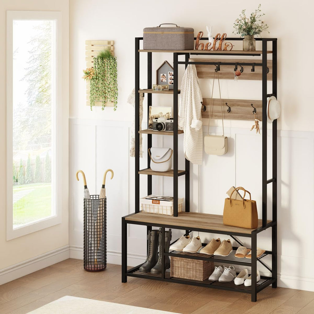 Farmhouse Hall Tree, Mudroom Bench with Shoe Storage, Large Coat Rack Shoe Bench with 5 Tier Open Shelves