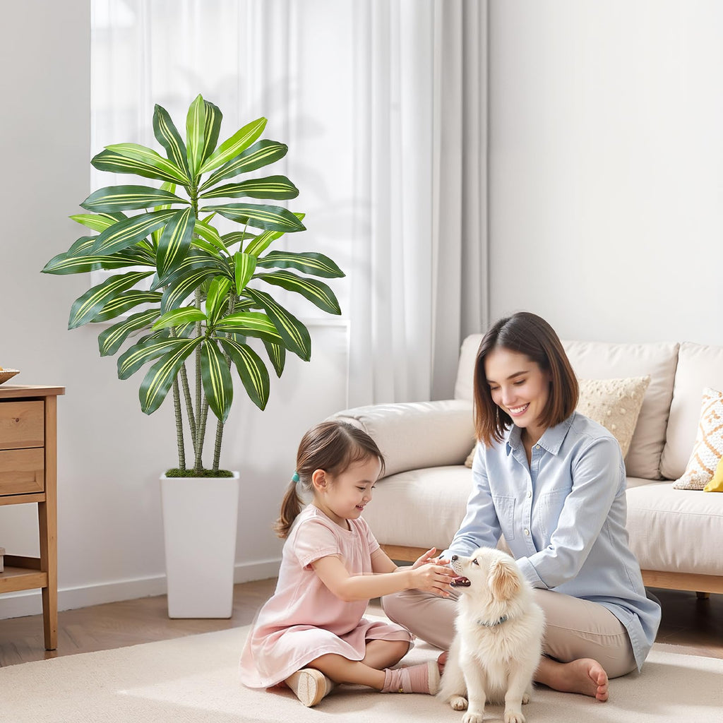 Artificial Dracaena Tree 5 ft, Fake Palm Tropical Plants with White Tall Planter, Faux Floor Silk Plant in Pot, Large