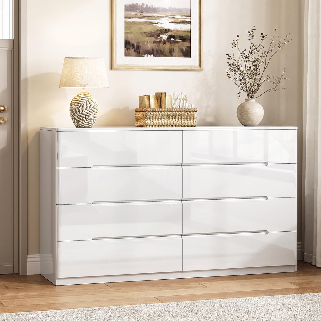 High Gloss Dresser, 47.2" Wide 8 Drawer Dresser, White