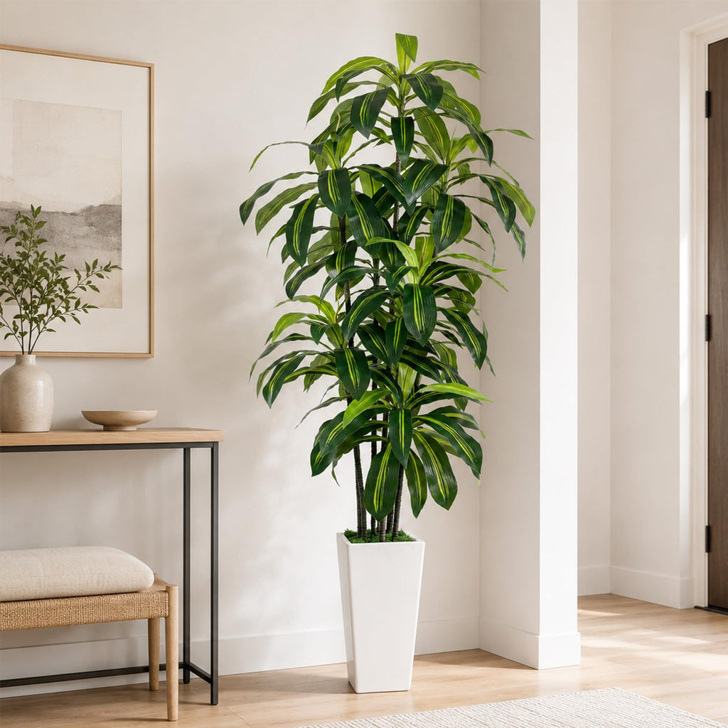 7FT Artificial Dracaena Tree, Fake Tree Indoor with White Tall Planter, Tall Artificial Plants Indoor, Artificial Silk