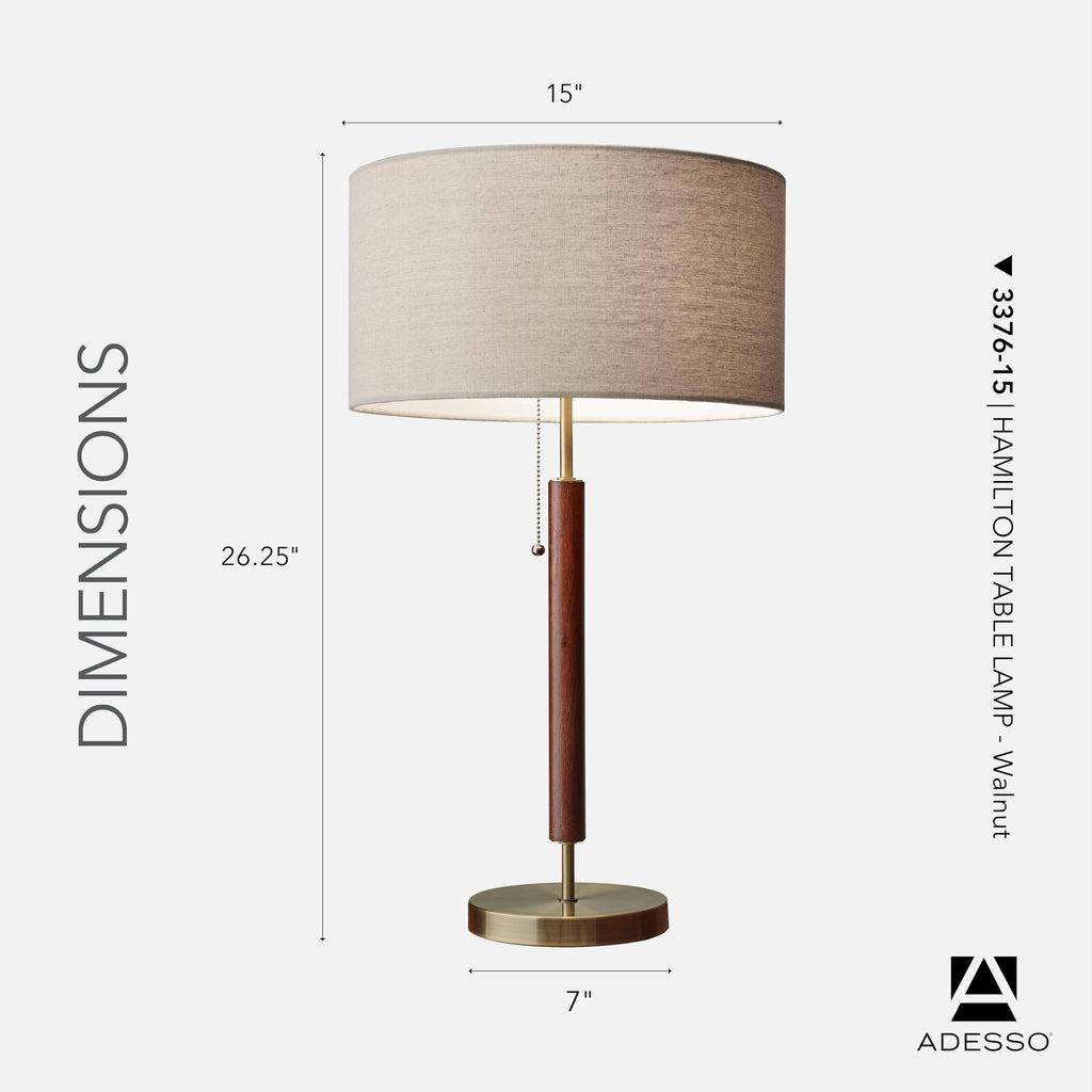 3376-15 Hamilton Table Lamp, 26.25 in, 100W Incandescent/26W CFL, Walnut Eucalyptus Wood/Antique Brass, 1 Modern