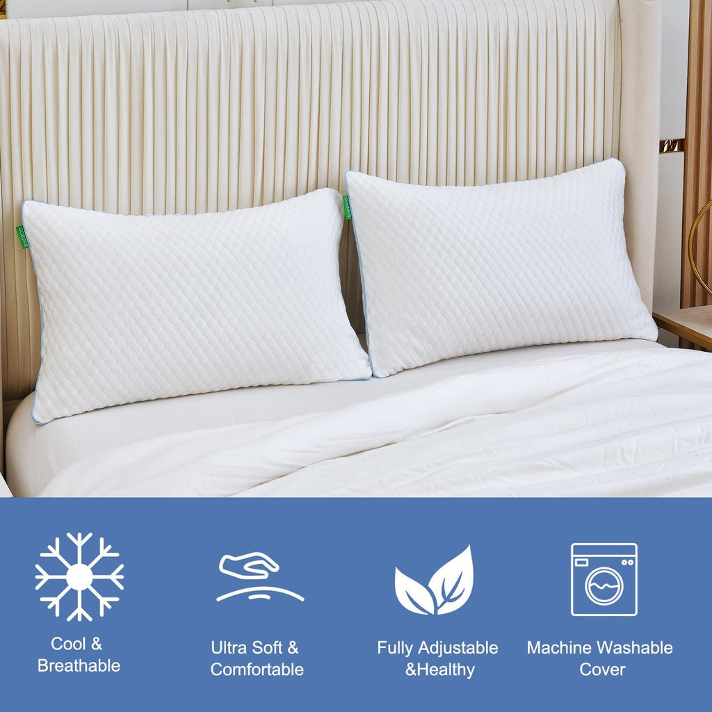 Shredded Memory Foam Pillows for Sleeping 2 Pack - Cooling Bed Pillows Standard Size Set of 2 - Firm Pillow for Side