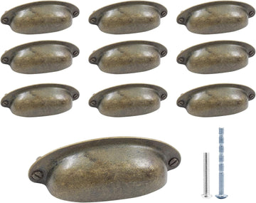 10Pcs 3.5Inch Hole Spacing Cup Pull Handles, Vintage Farmhouse Style Flat Cabinet Cup Pulls for Drawer/Dresser Bin