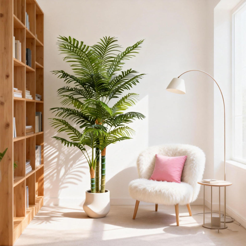 6FT Tall Golden Cane Artificial Palm Tree, Large Faux Palm Tree with 3 Textured Trunks, Outdoor Artificial Plants