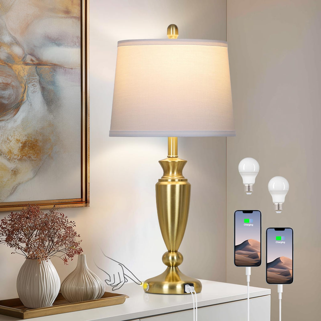 27" Gold Table Lamp Single, Touch Control Modern Bedroom Lamp with USB A+C Ports, 3-Way Metal Bedside Lamp, Elegant