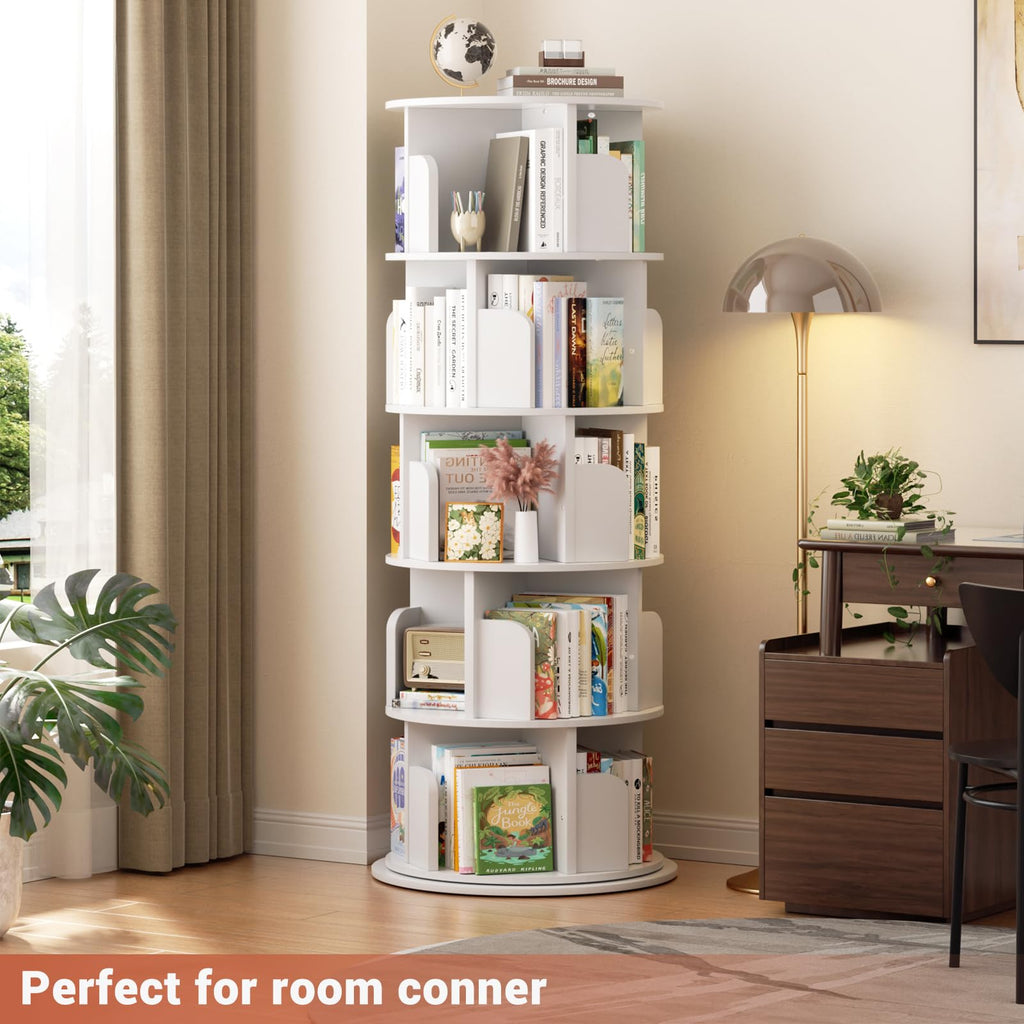 Rotating Bookshelf Tower, 5 Tier Wood Spinning Bookcase, White