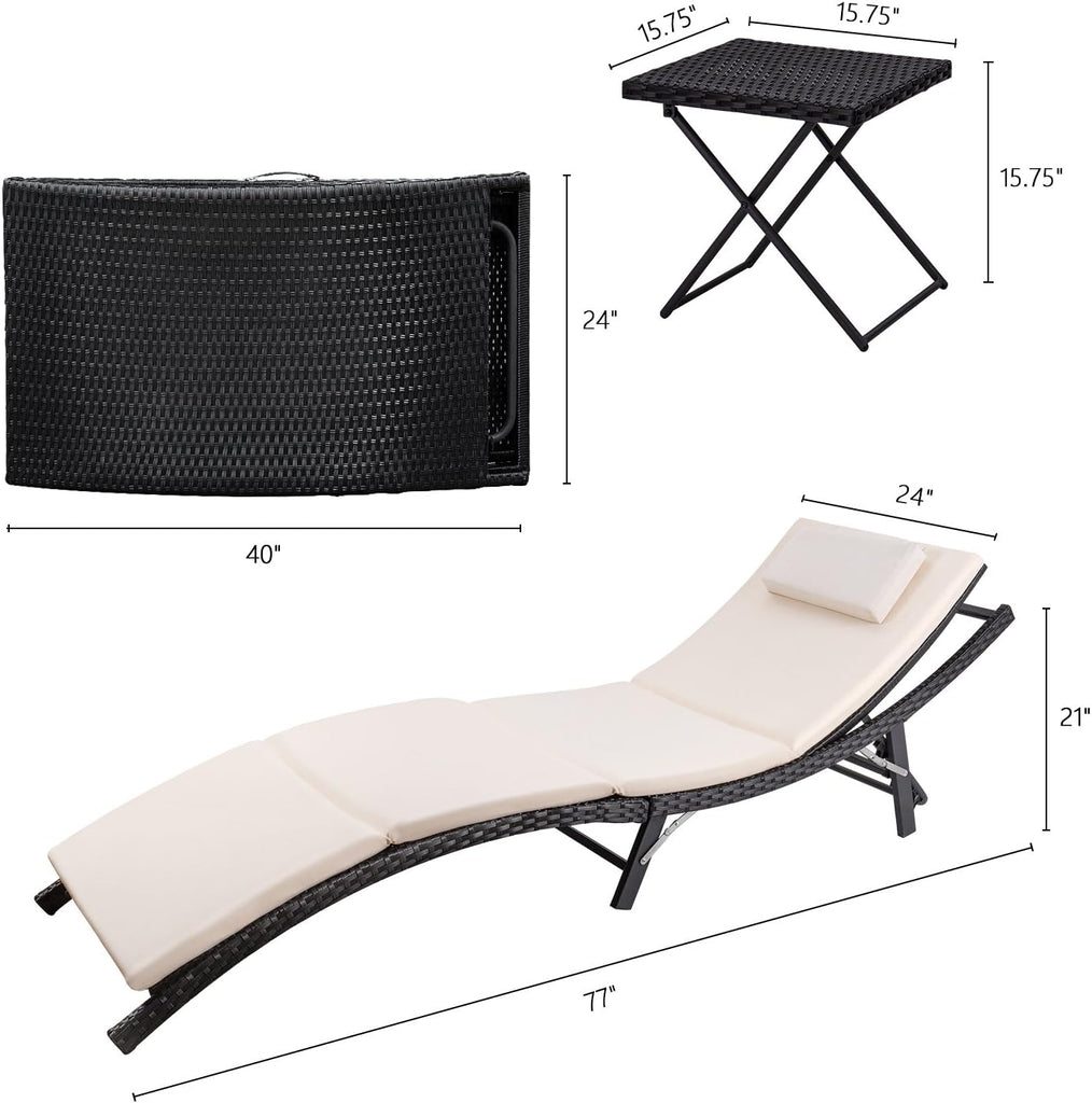 Patio Chaise Lounge Sets Outdoor Rattan Adjustable Back 3 Pieces Cushioned Patio Folding Chaise Lounge with Folding