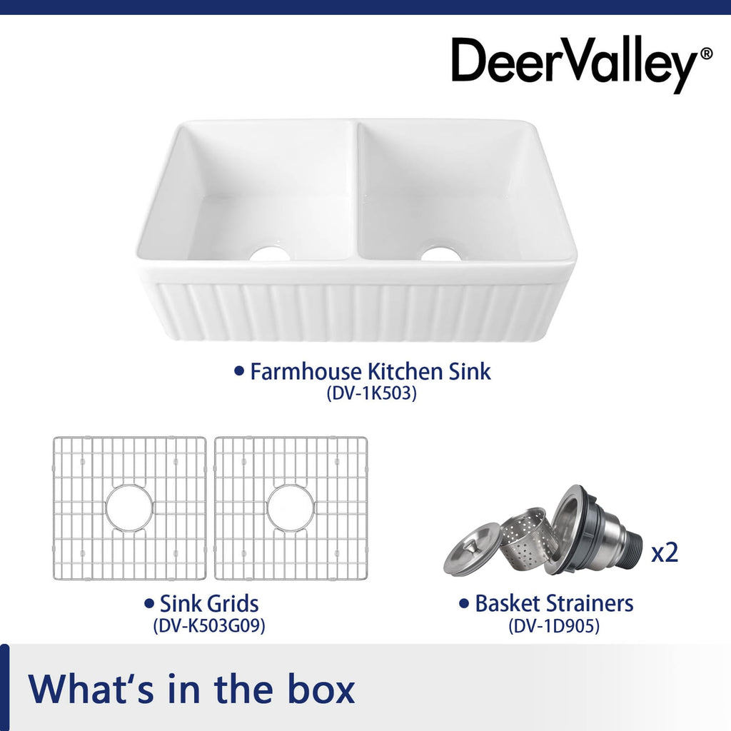 Double Bowl Farmhouse Kitchen Sink Fireclay Farm Sink 32.7 Inch