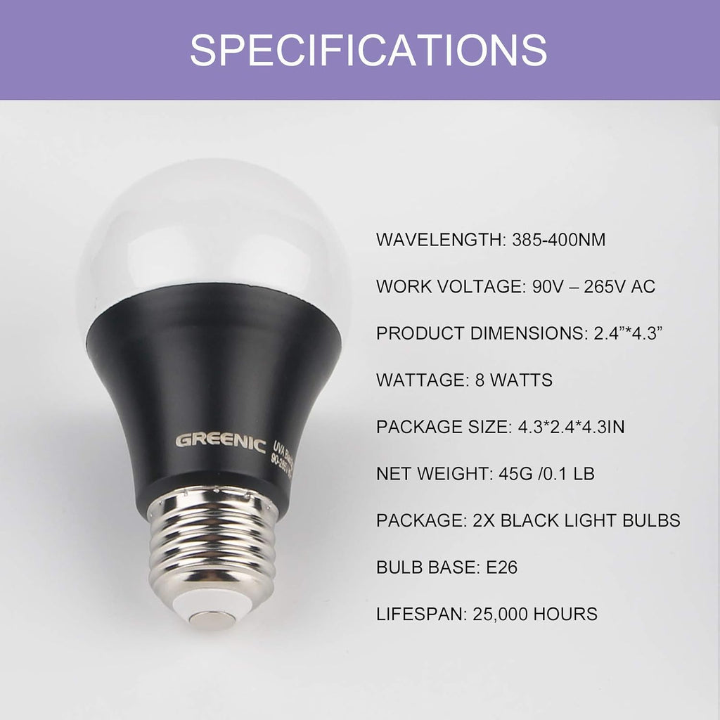 UV Led Black Light Bulb 2 Pack, 8W (60W Equivalent) A19 E26 Blacklight Bulb UVA Level 385-400nm, Glow in Dark