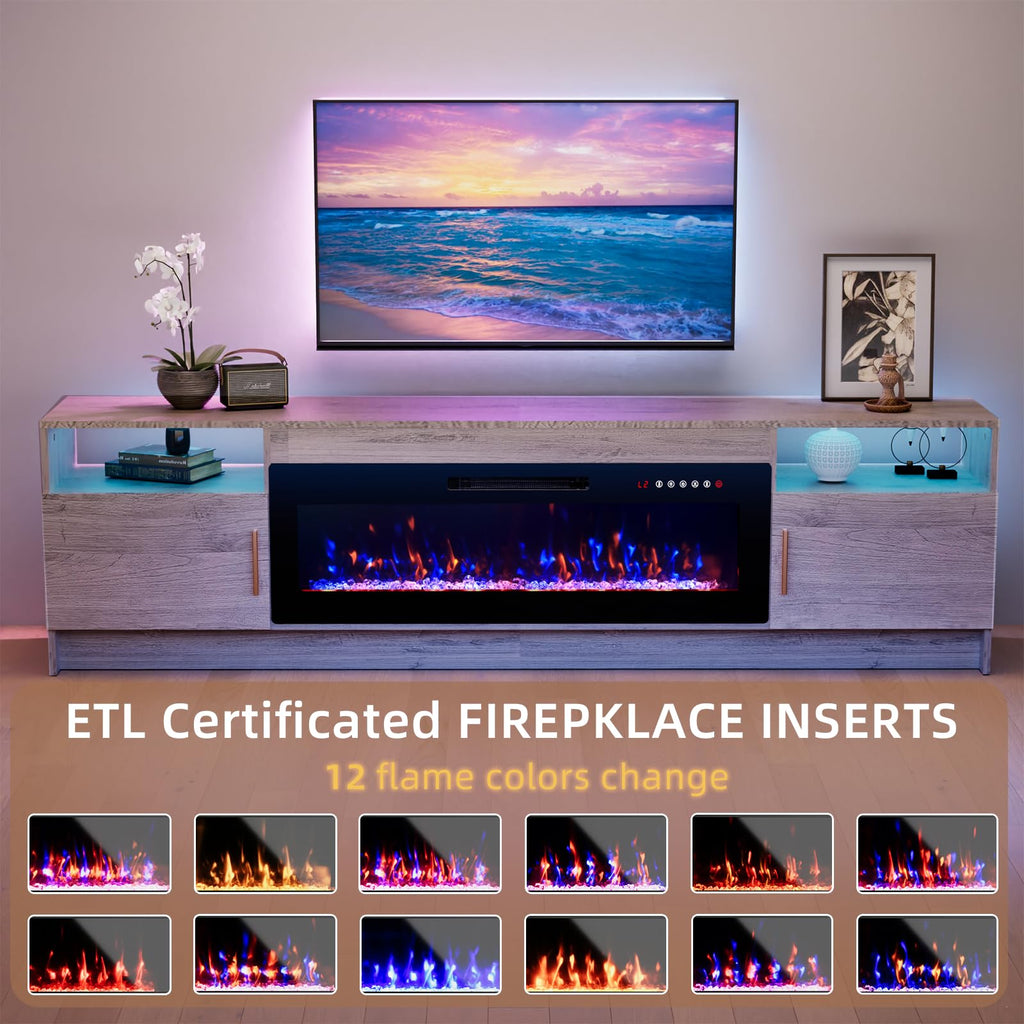 Electric Fireplace TV Stand with 42 inch Fireplace Up to 90" TVs-Led Entertainment Center, High Glossy Doors-80 inch