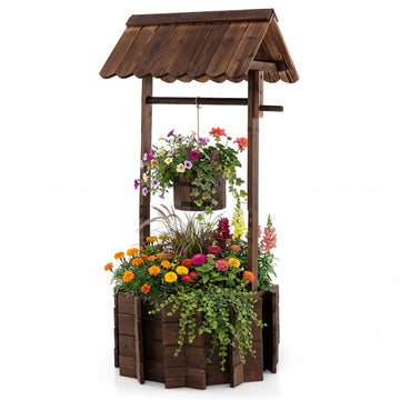 Wooden Wishing Well Planter with Hanging Bucket, Carbonized Fir Wood Outdoor Garden Planter for Flowers, Rustic