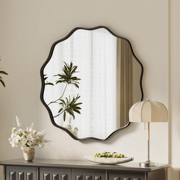Black Scalloped Circle Mirror 20" Wavy Edge Round Wall Mirror