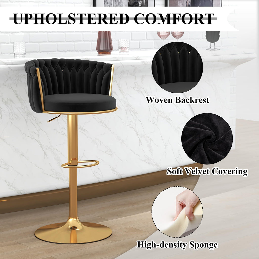 Black Gold Bar Stool Set of 2, Adjustable Height with Woven Backrest