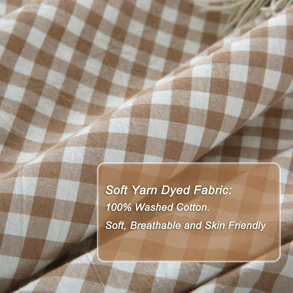 Taupe/White Plaid Ruffle Duvet Cover Queen,100% Washed Cotton 3 Pcs Vintage Checkered Chic Gingham Bedding Set