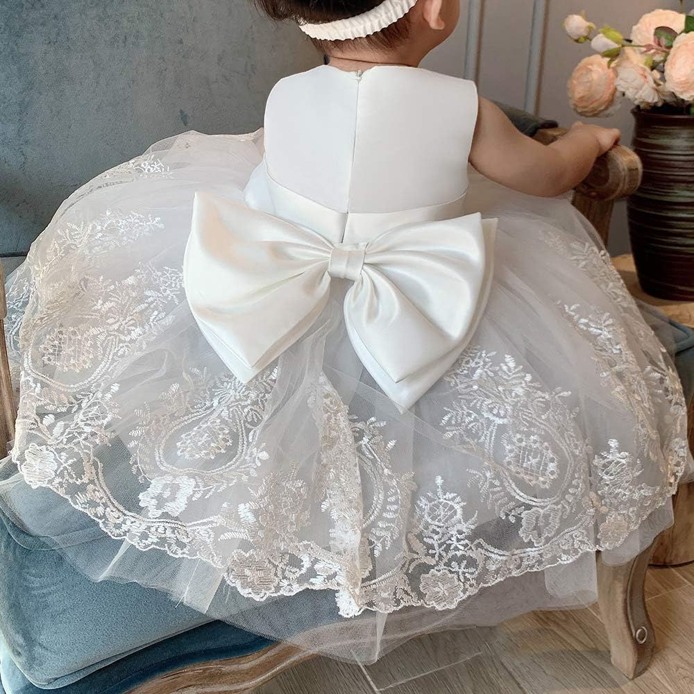 Big Bowknot Toddler Baby Girls Formal Dresses Pageant Party Lace Embroidery Dress with Headwear