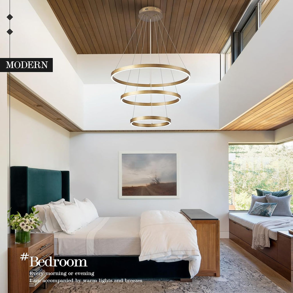 LED 3-Ring Chandelier Gold Dimmable Modern Pendant Light with Remote Control Vintage Brass LED Circle Chandelier for Dining Room Entry Foyer Bedroom Living Room,75W