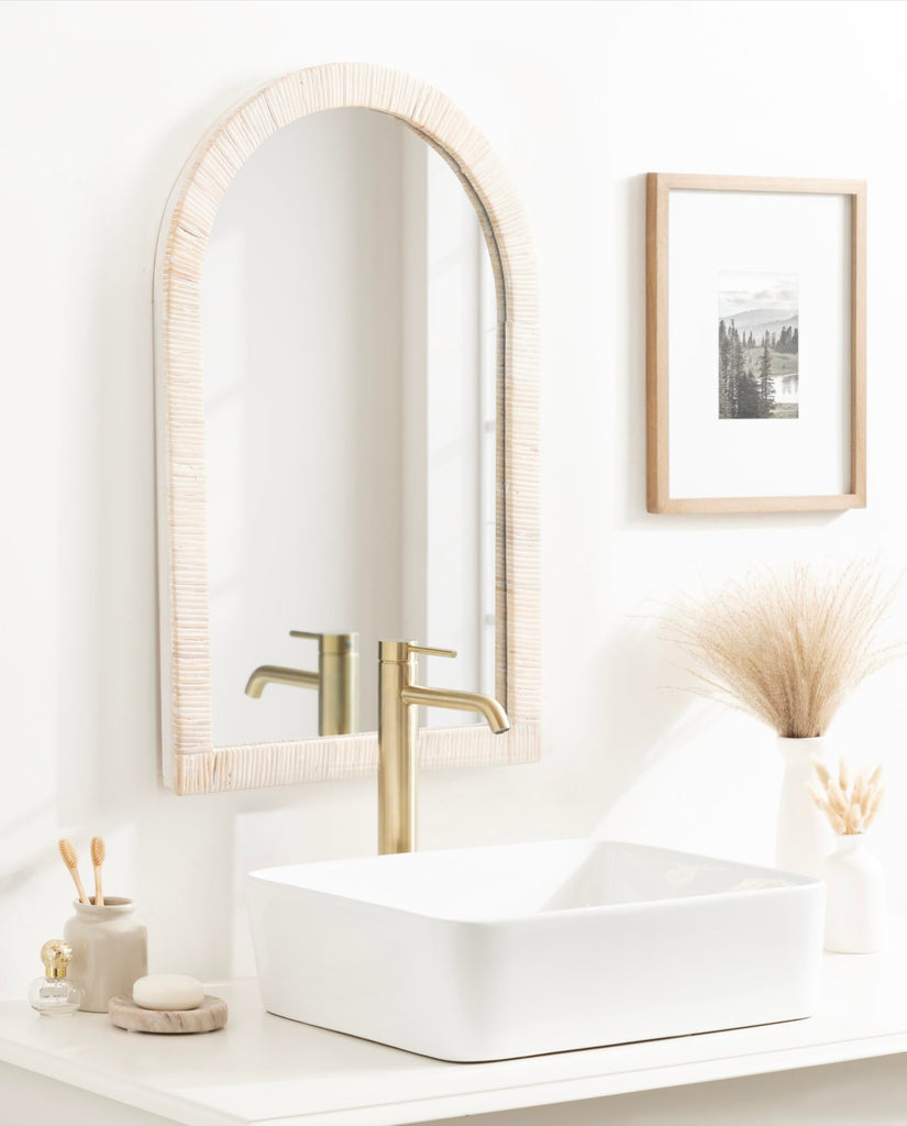 Rahfy Boho Arched Rattan Mirror; 20 x 30; White; Decorative Arch Wall Mirror with Authentic Rattan Frame for Vanity