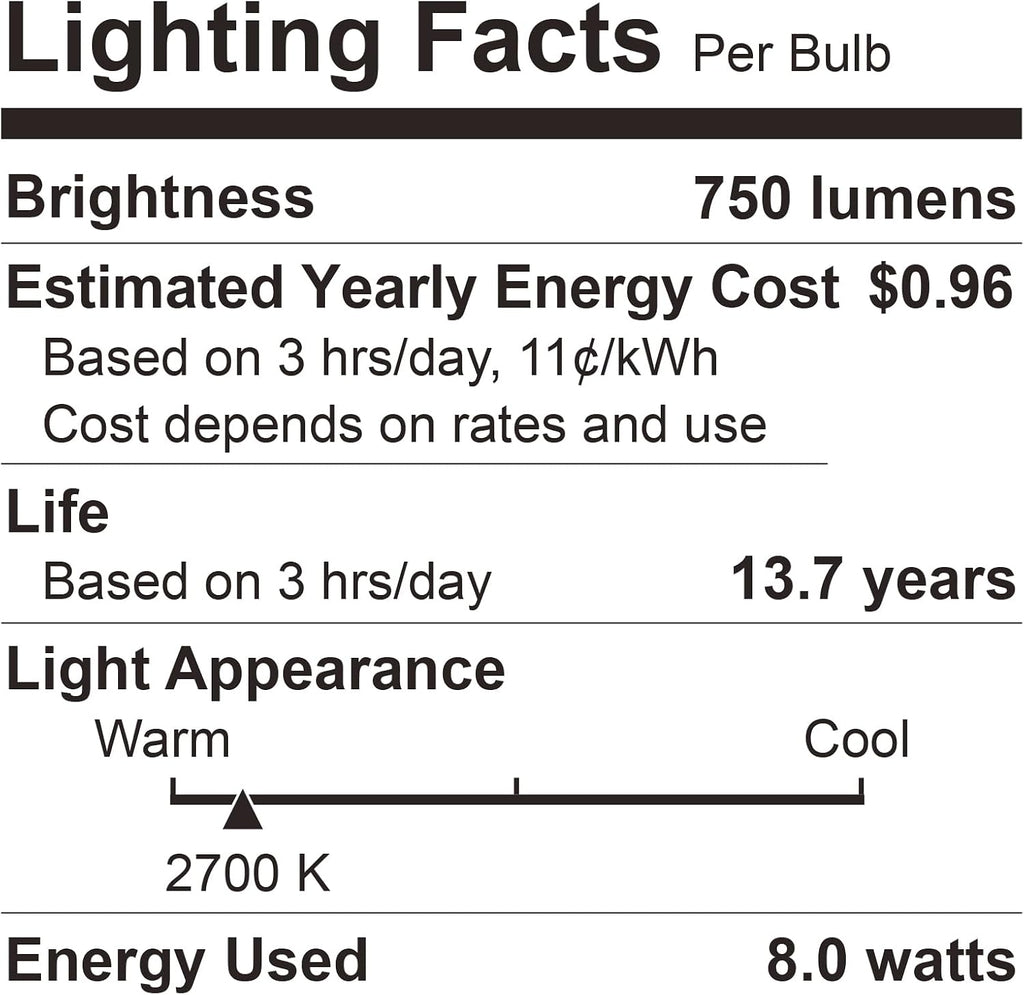 A19 LED Light Bulbs Dimmable,60W Equivalent 750 Lumens, 2700K Soft White, E26 Base, 15,000-Hour Lifespan, 8W Energy